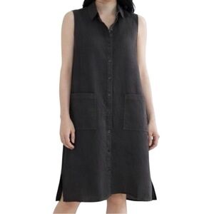 Eileen Fisher Linen Shirt Dress Garment-Dyed Organic Black Size Large
